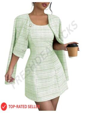 Plaid 2 Piece Set Cropped Button Jacket & Mini Tank Dress